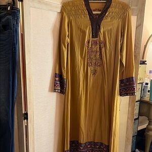 Limelight Mustard Yellow Embroidered Long Dress with Purple Accents